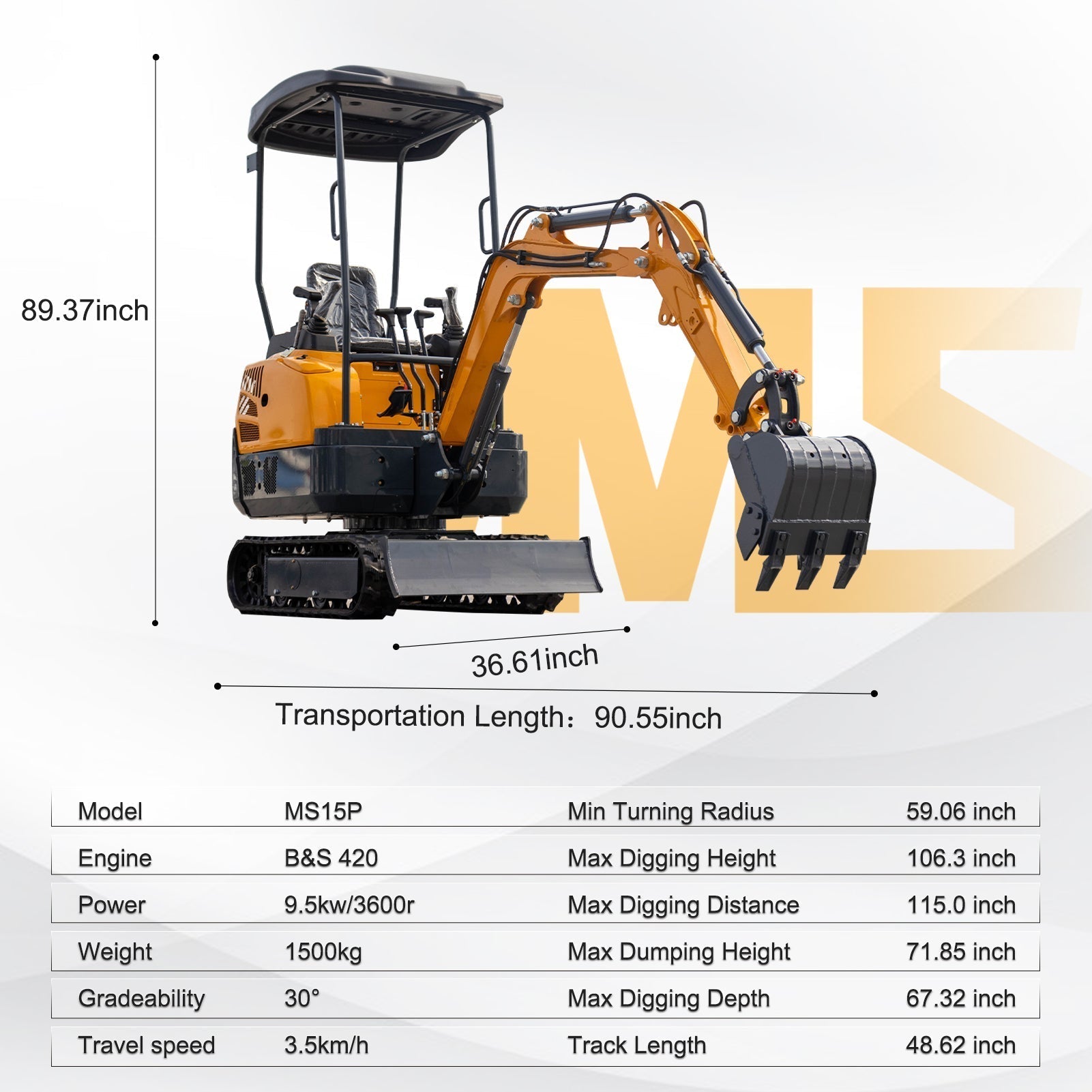 MMS MS15PRO 1.5-Ton Mini Excavator – 13.5 HP Briggs & Stratton