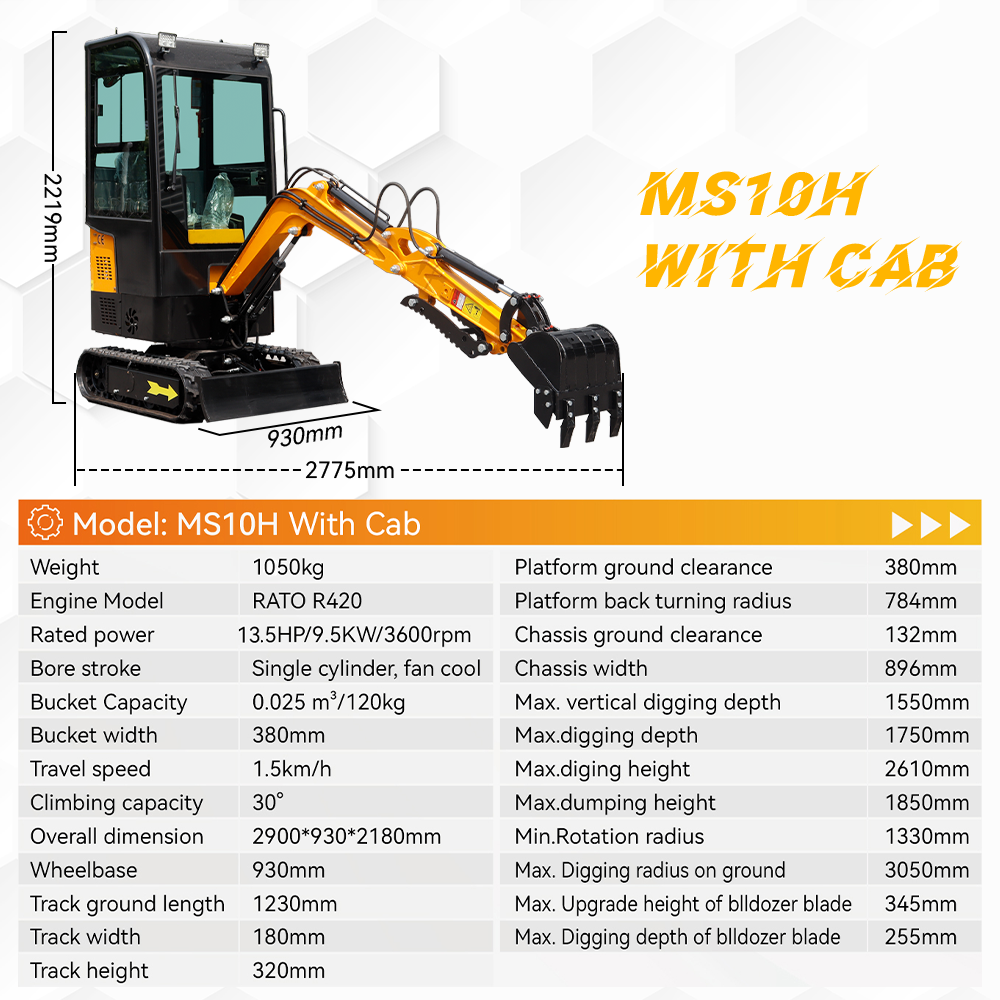 MMS MS10H 1-Ton Mini Excavator with Cab – 13.5 HP Gas