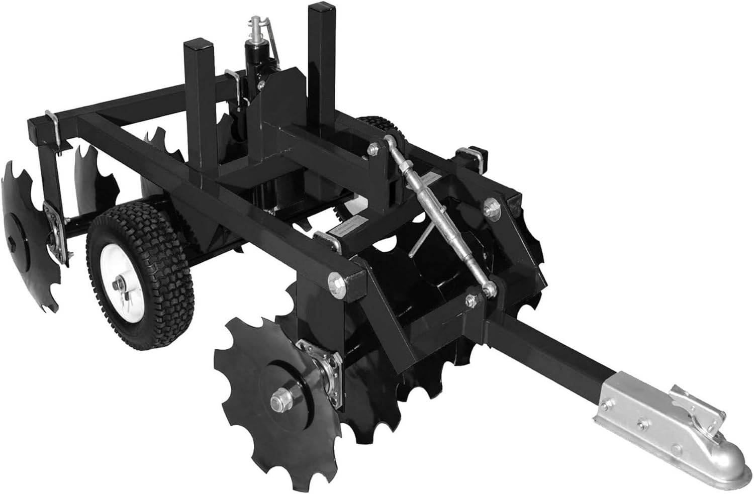 4-foot tow-behind disc harrow with 16 notched 16-inch steel discs and weight tray