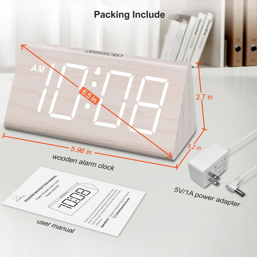 Wooden Digital Alarm Clock with Large Numbers, USB Port & Dimmer for Bedroom