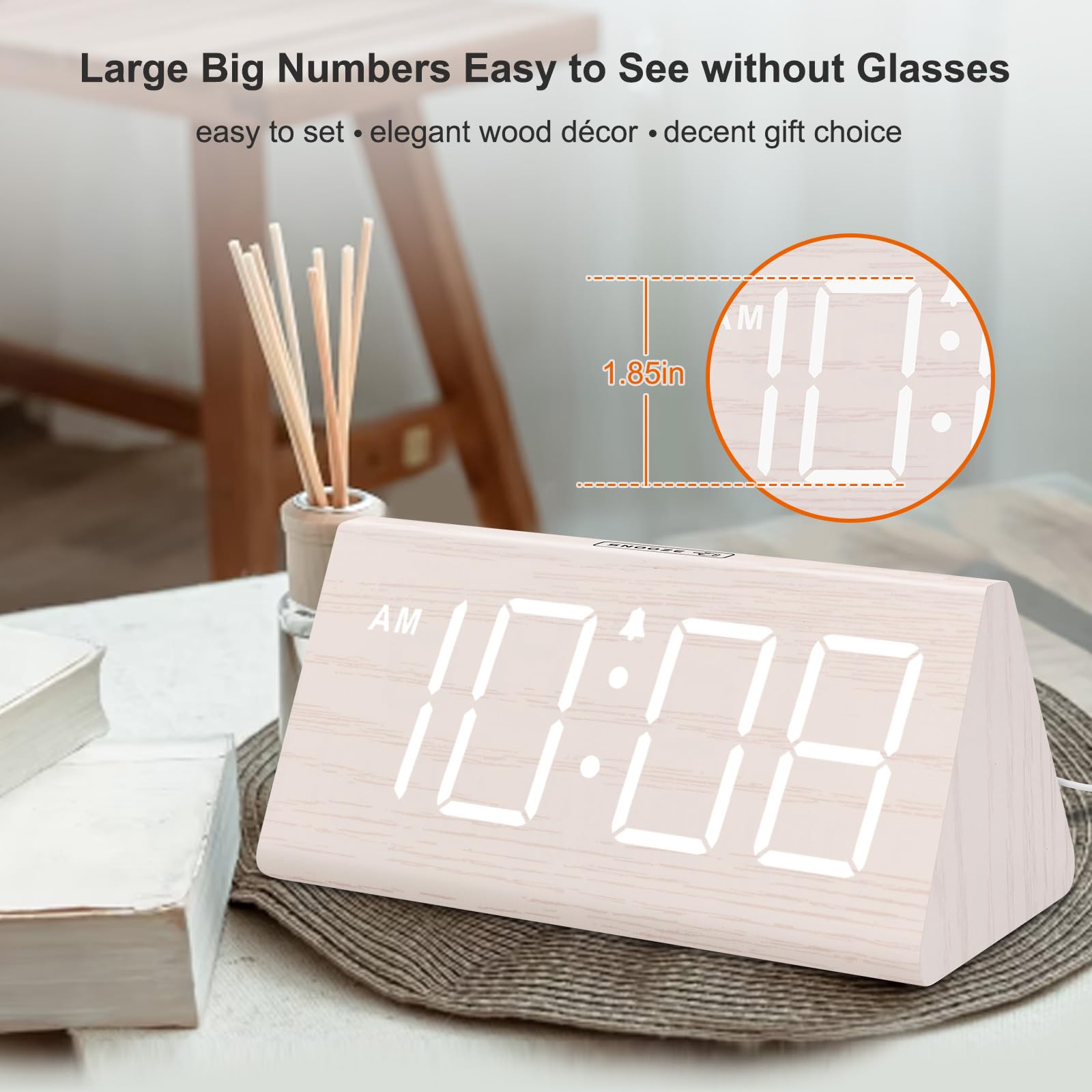 Wooden Digital Alarm Clock with Large Numbers, USB Port & Dimmer for Bedroom