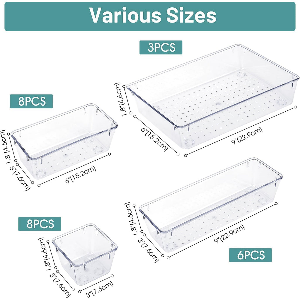 25PCS Clear Drawer Organizer Set, 4 Sizes Storage Bins for Makeup, Kitchen & Office