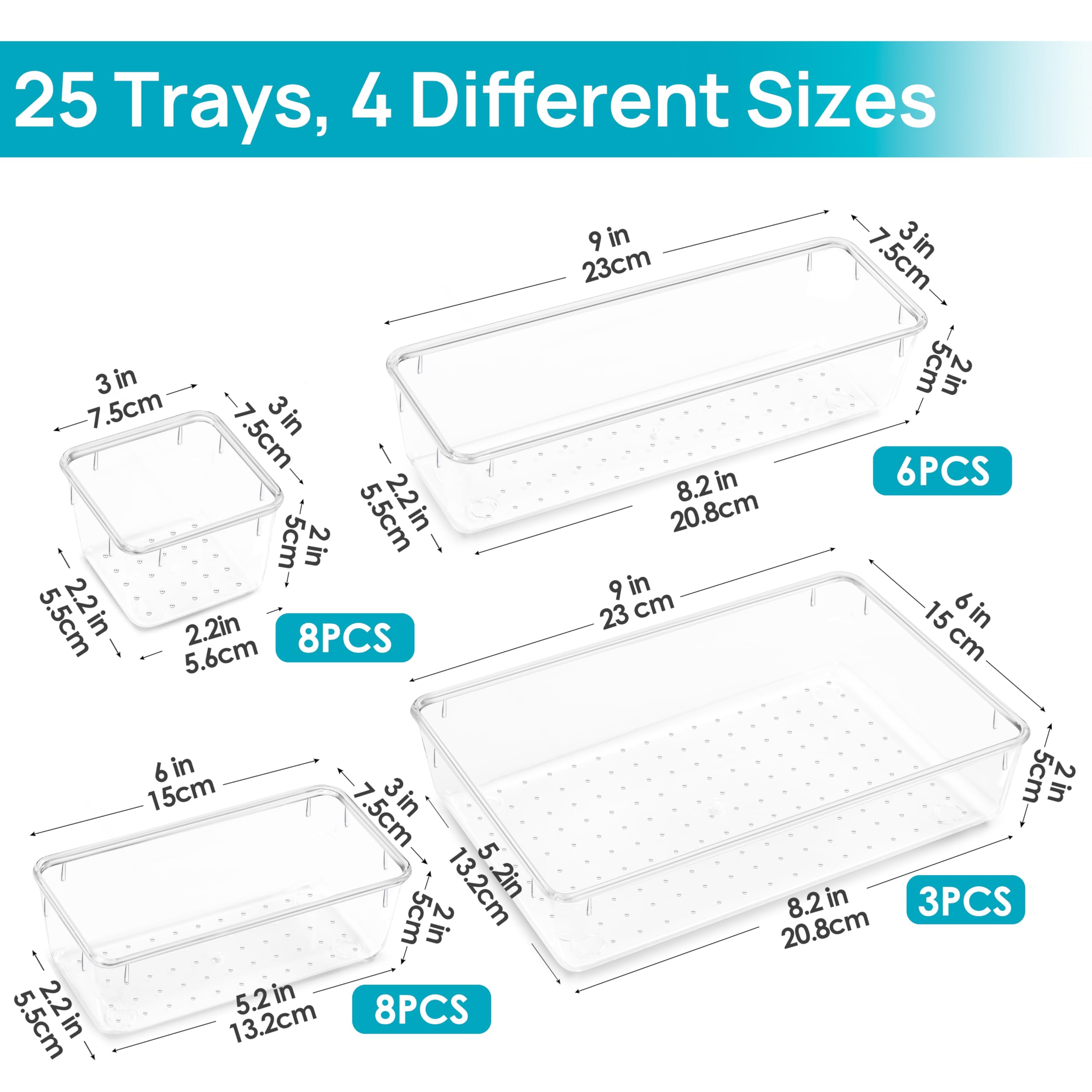 25PCS Clear Drawer Organizers Set, 4 Sizes Storage Trays for Makeup, Kitchen & Office