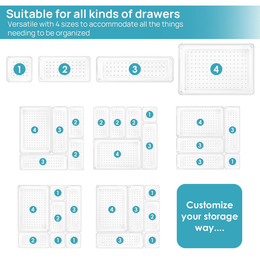 25PCS Clear Drawer Organizers Set, 4 Sizes Storage Trays for Makeup, Kitchen & Office
