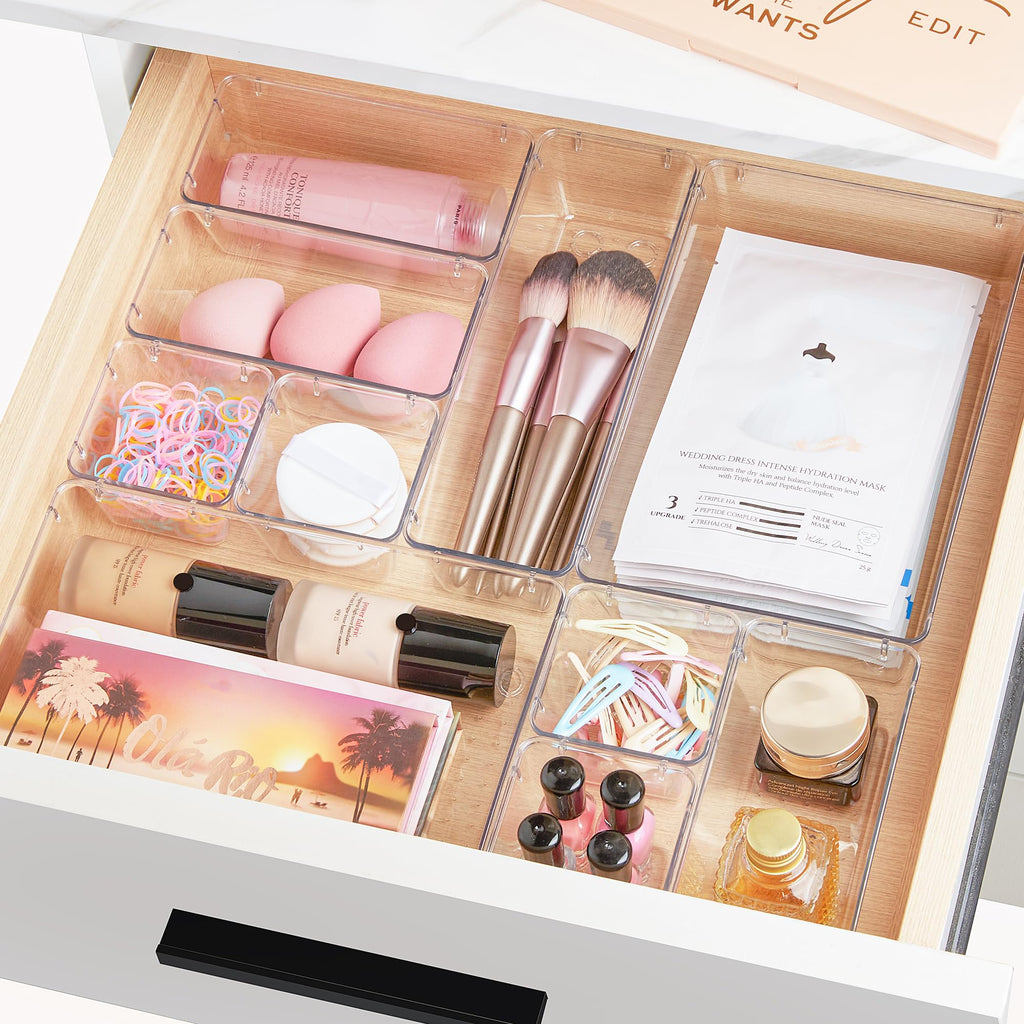 25PCS Clear Drawer Organizers Set, 4 Sizes Storage Trays for Makeup, Kitchen & Office