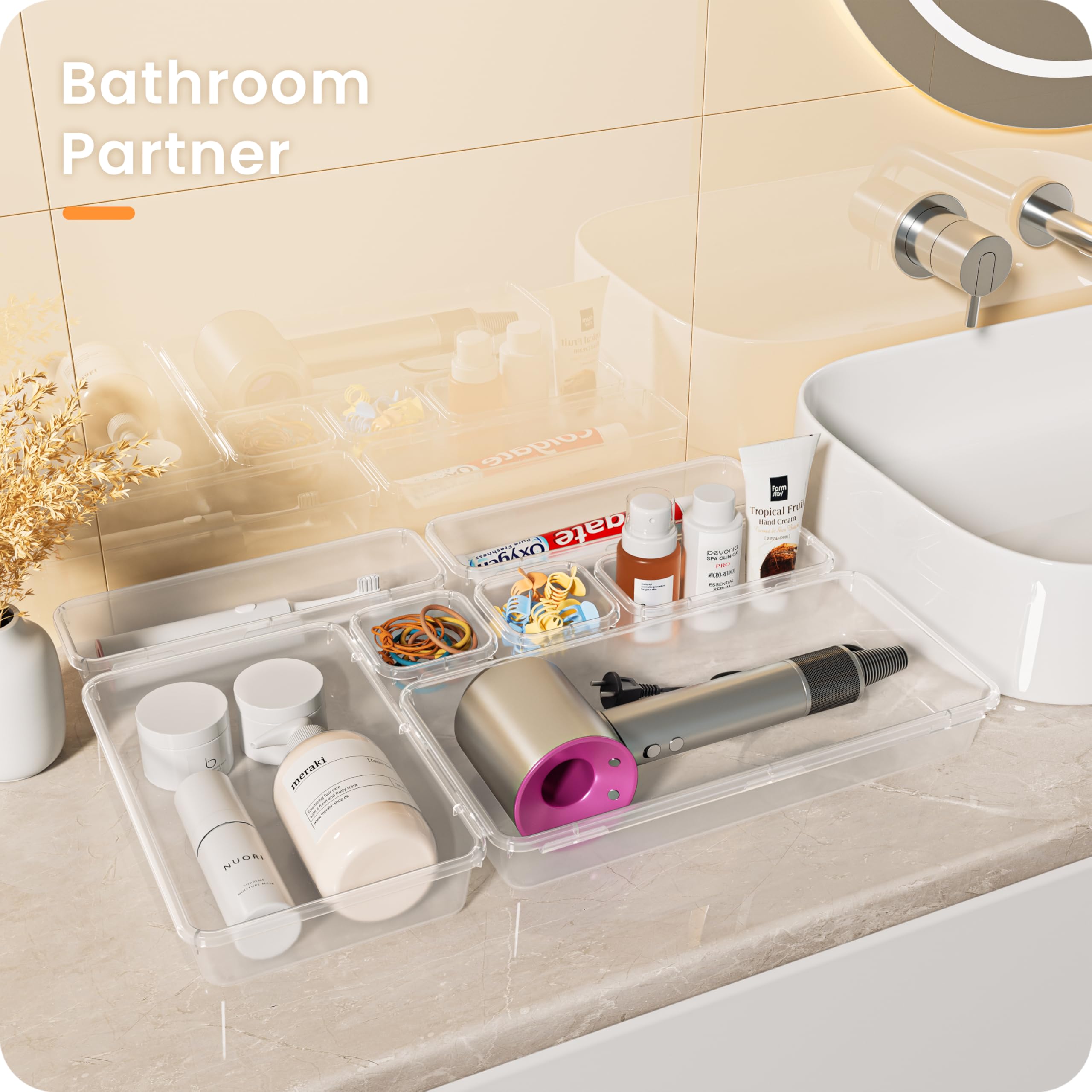 Drawer Organizer Set with 5 Sizes, Holds 177 Items for Makeup & Bathroom Storage