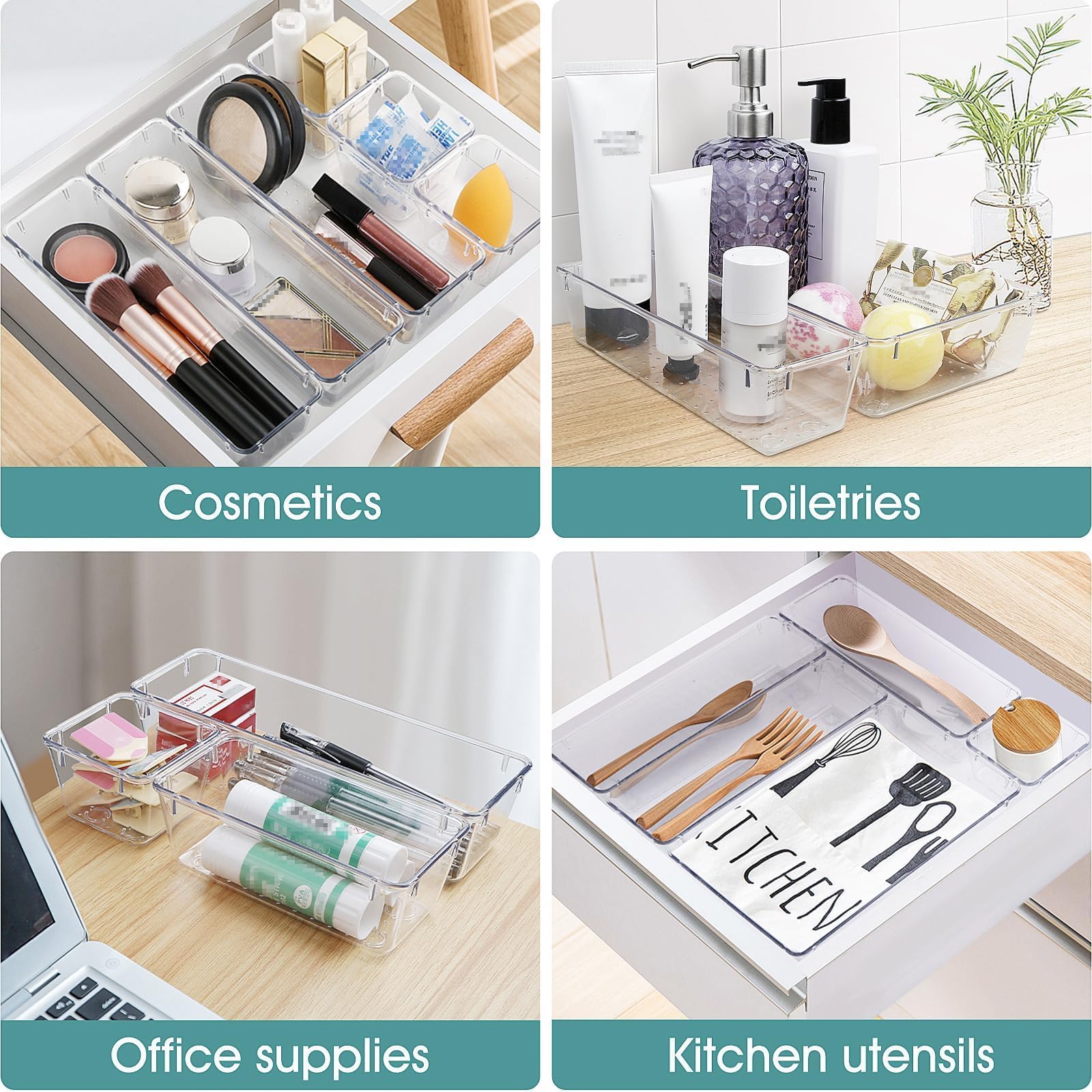 25PCS Clear Drawer Organizer Set, 4 Sizes Storage Bins for Makeup, Kitchen & Office