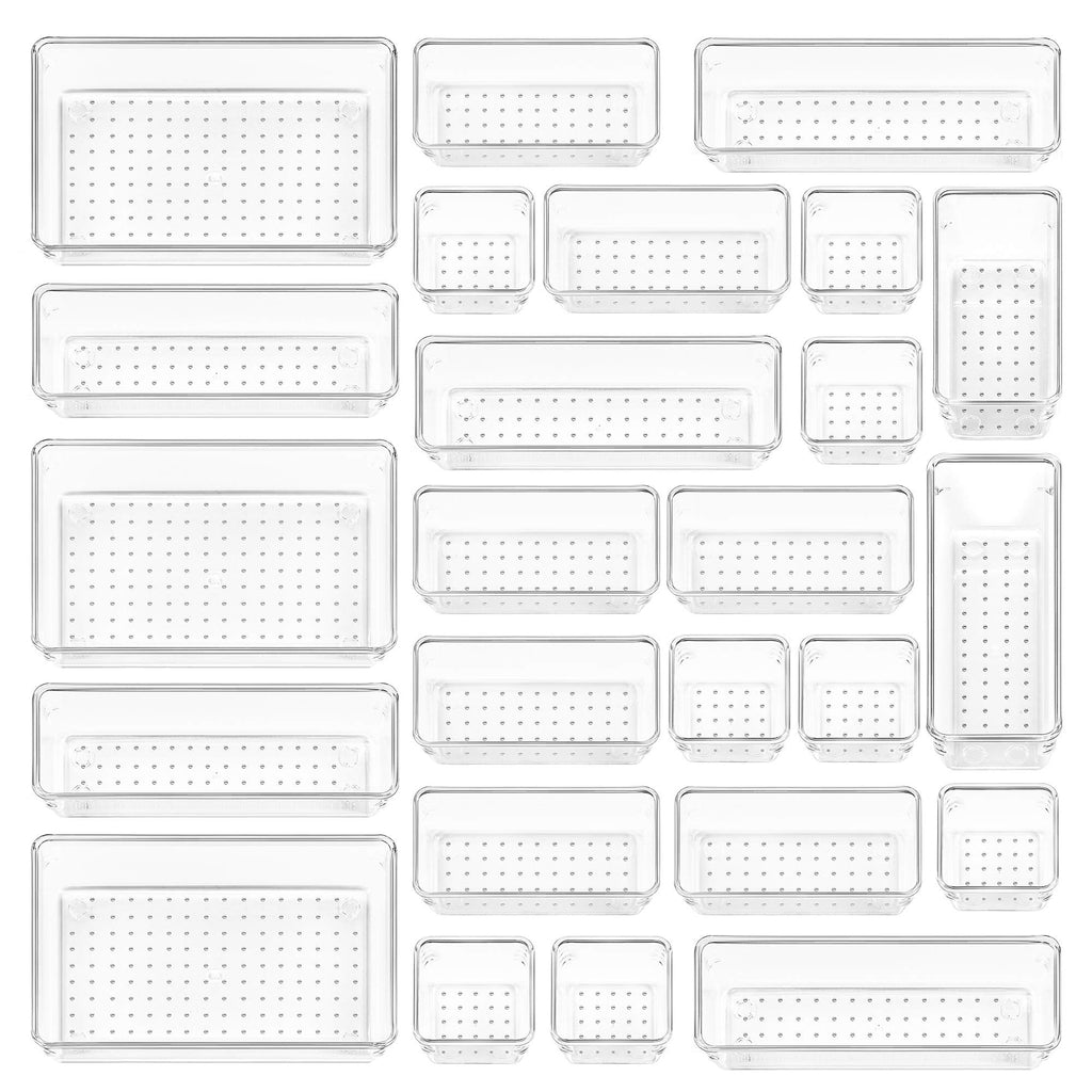 25PCS Clear Drawer Organizers Set, 4 Sizes Storage Trays for Makeup, Kitchen & Office