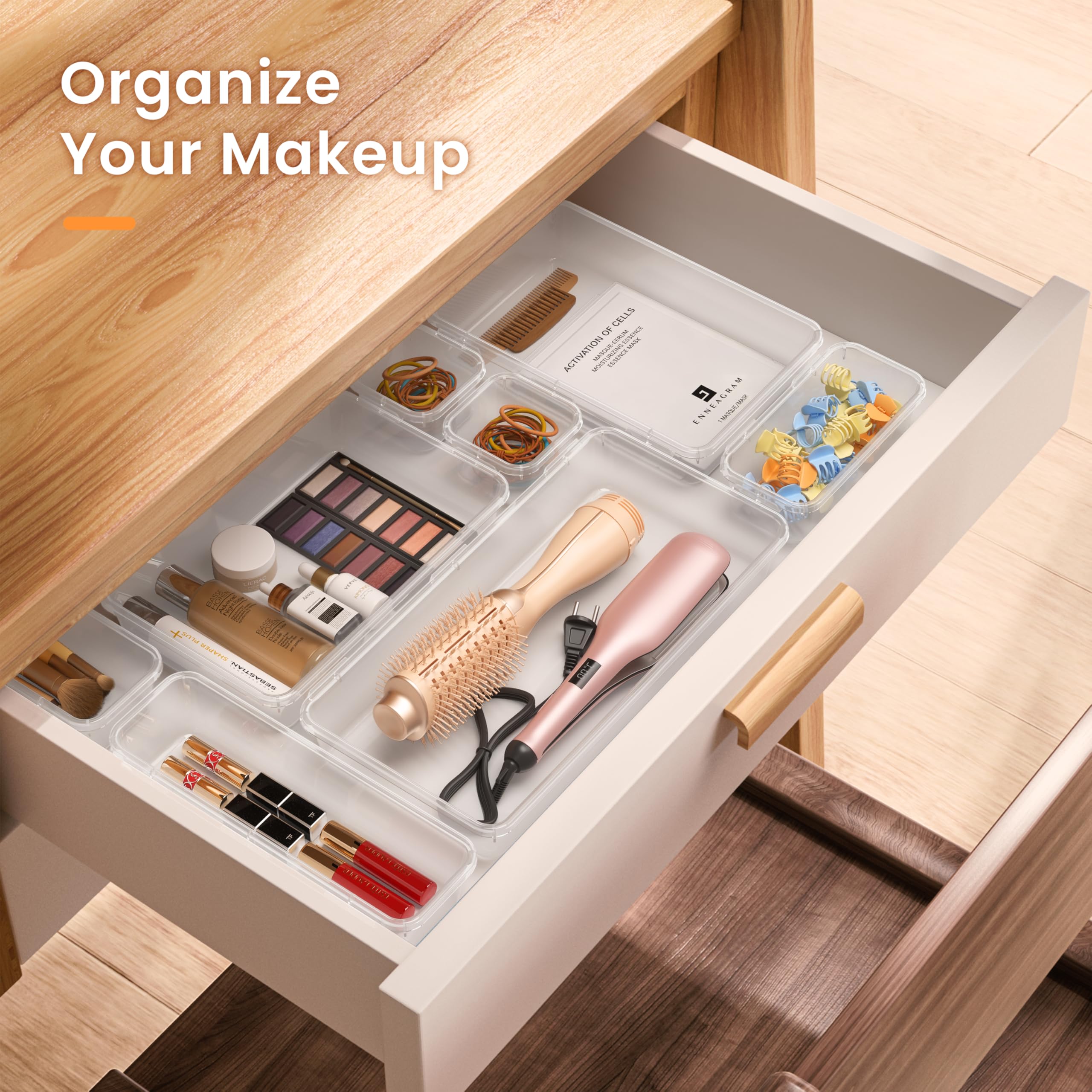 Drawer Organizer Set with 5 Sizes, Holds 177 Items for Makeup & Bathroom Storage