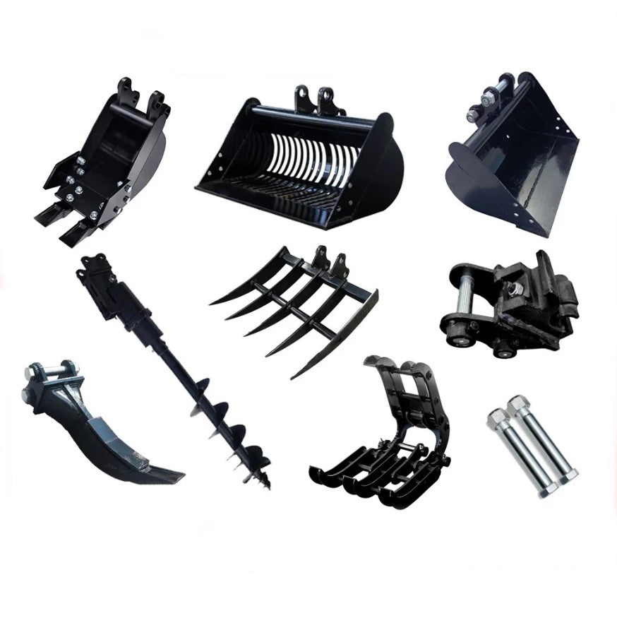 8-piece mini excavator attachment set with bucket, ripper, rake, auger and quick hitch