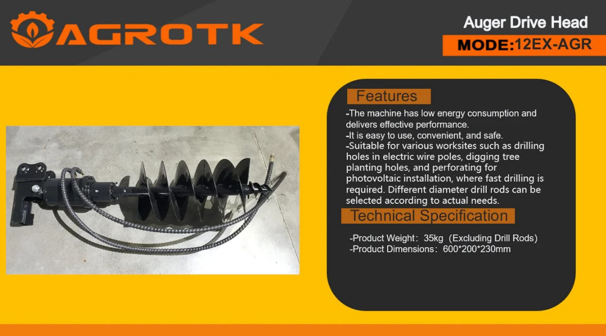 AGT 12EX-AGR Bit Auger – Fits 1-Ton AGT Mini Excavators